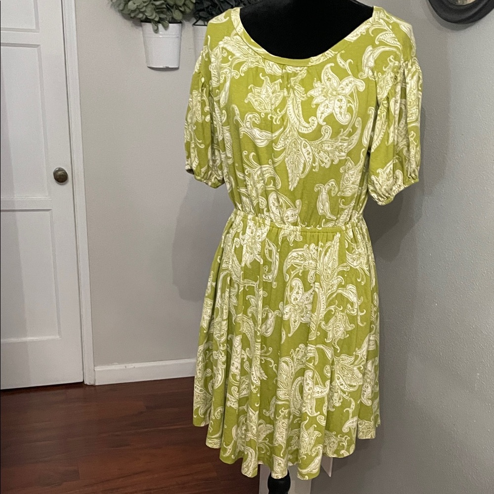 anthropologie daily practice green paisley puff sleeves dress size large - Picture 1 of 9